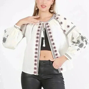 RD & KoKo White Embroidered Boho Top Tie Open Front Size Small Anthropologie